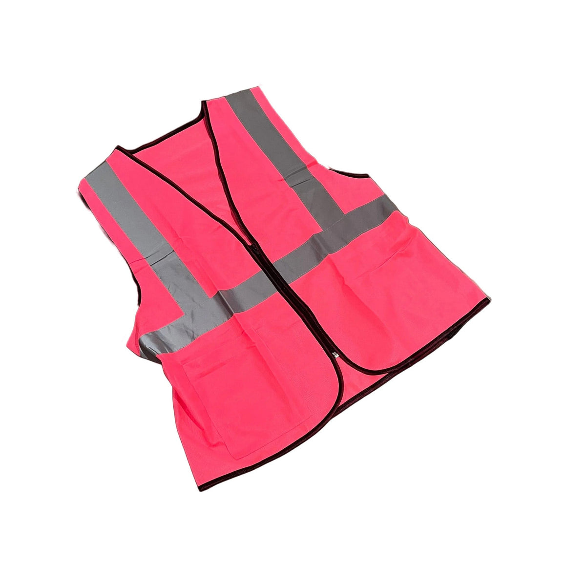 A high-visibility safety vest in bright pink with reflective silver-gray stripes and black trim, shown on a plain white background.