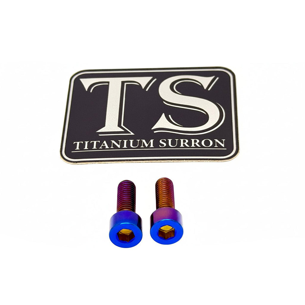 Two titanium surron motorcycle bolts with blue and purple anodized heads, displayed below a black and silver 'TS Titanium Surron' logo plaque on a white background.