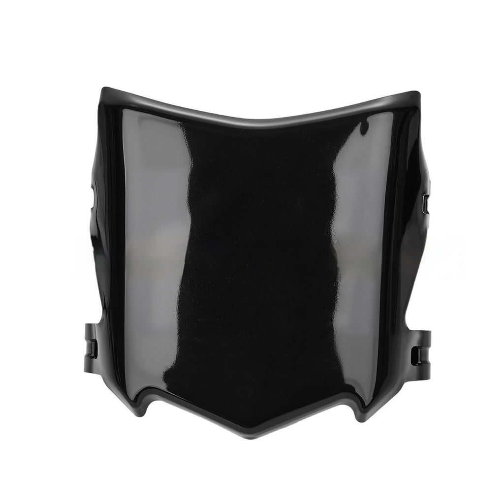 A glossy black motorcycle or scooter windscreen shield, isolated on a solid white background.