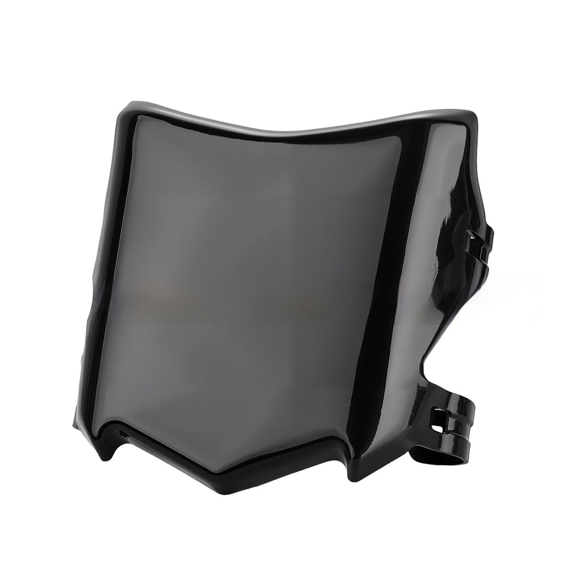 A glossy black motorcycle windshield with a tinted glass panel and black plastic frame, shown on a solid white background.
