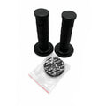 A pair of black textured motorcycle handlebar grips with circular mounting bases, shown alongside a clear plastic bag containing black rubber shield covers printed with the white AXIS logo.