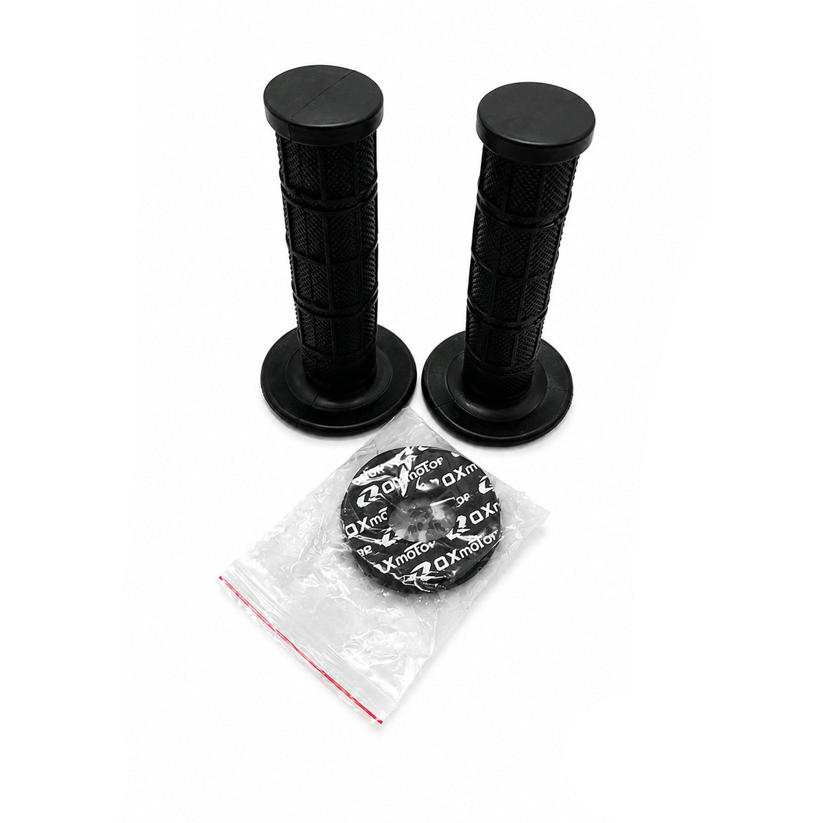 A pair of black textured motorcycle handlebar grips with circular mounting bases, shown alongside a clear plastic bag containing black rubber shield covers printed with the white AXIS logo.