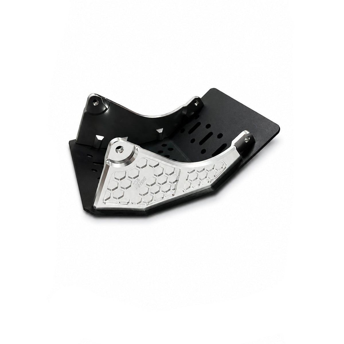 A black and silver metal footplate bracket with a textured silver foot pad, shown on a white background with a black AXIS logo in the bottom right corner.