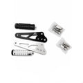 A set of motorcycle foot pegs and mounting hardware from Axis, including two black and two silver aluminum foot pegs with textured grips, shown alongside small plastic bags of mounting bolts and screws on a white background.