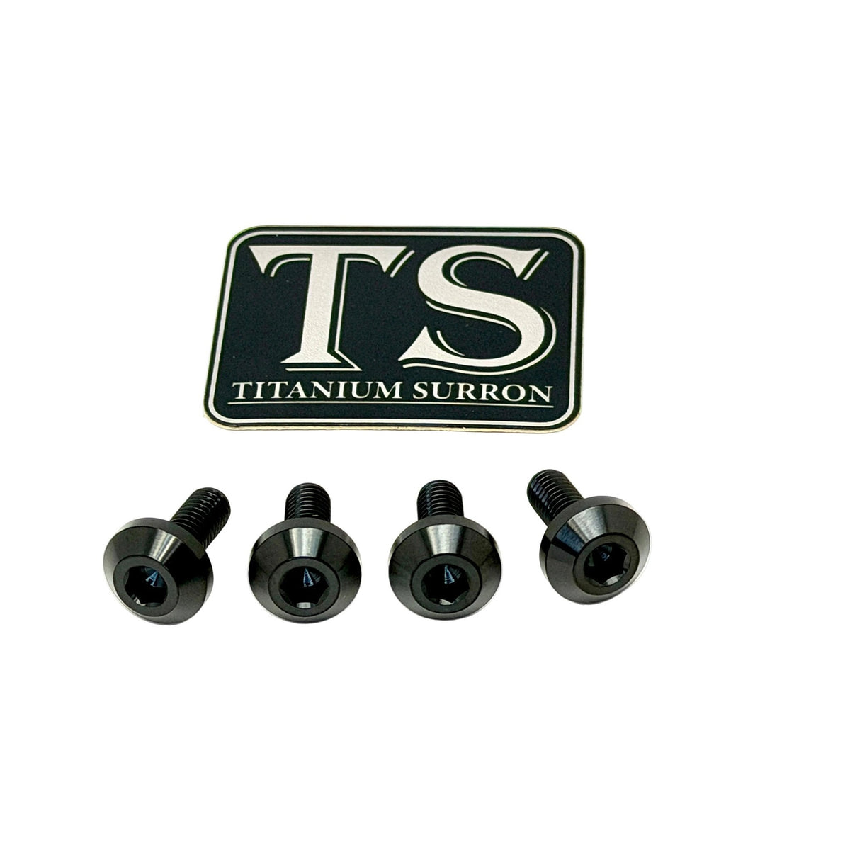 Four black titanium surron screws arranged in a row below a black and silver 'TS TITANIUM SURRON' logo badge, on a plain white background.