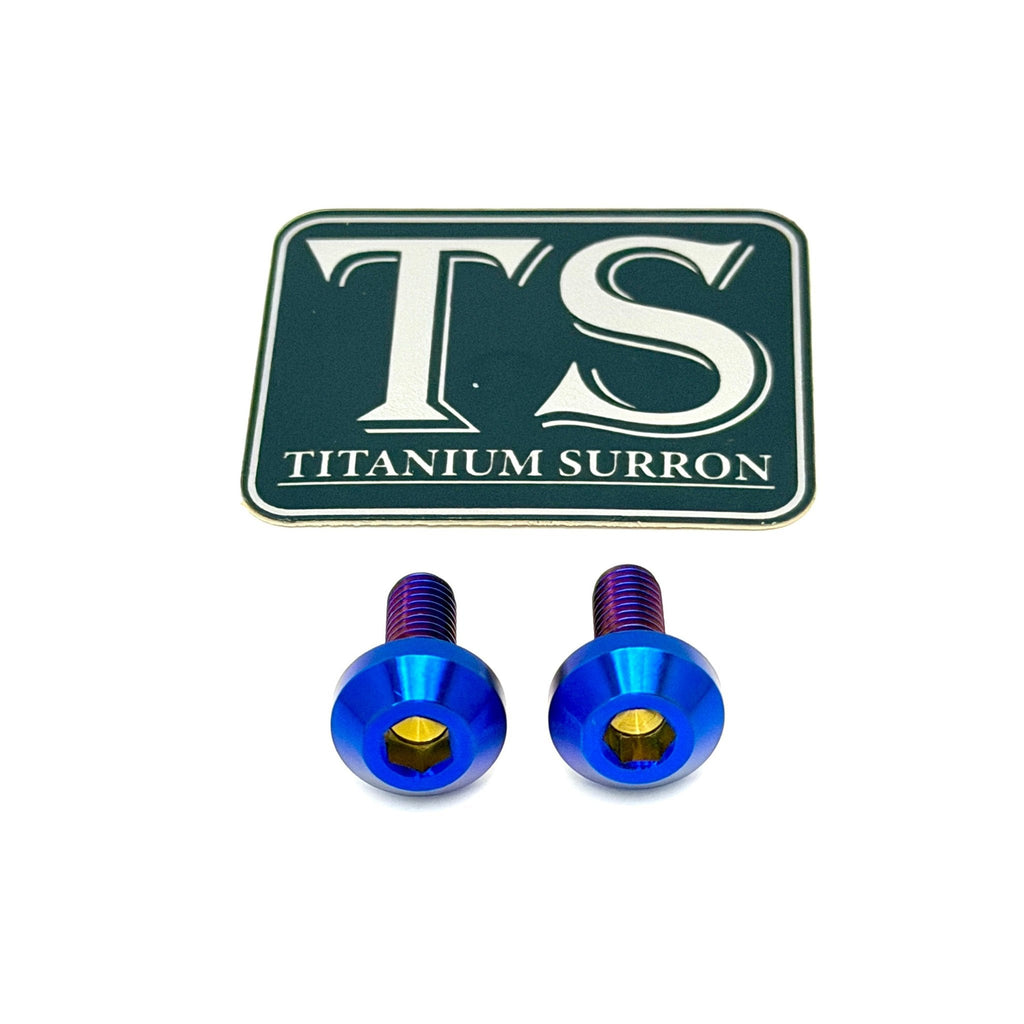 Two blue titanium motorcycle crankcase drain plugs with purple threads, shown below a dark green and white 'TS Titanium Surron' brand logo on a white background.