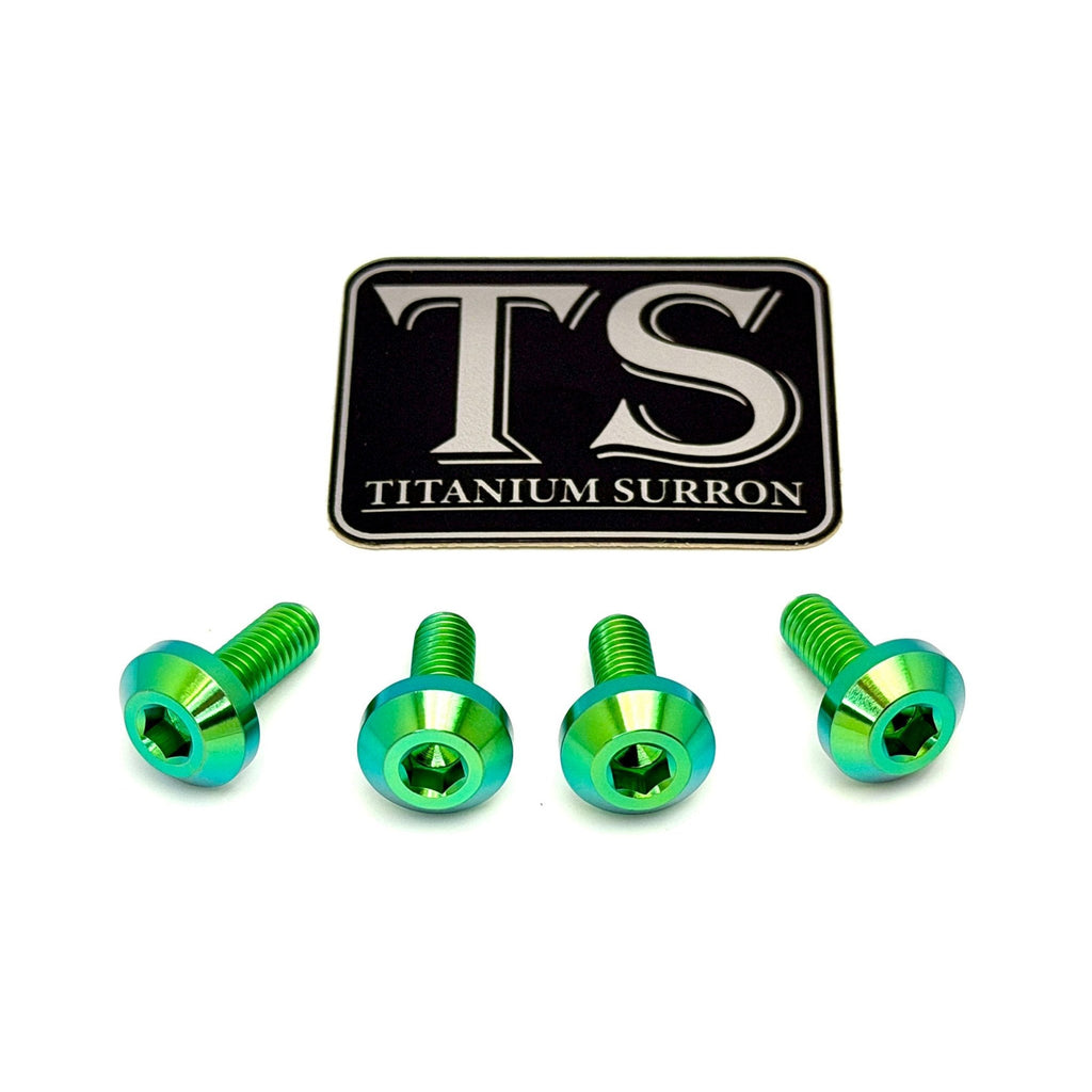 Four metallic green and blue hex screws arranged in a row below a black rectangular badge with silver 'TS' lettering and the words 'TITANIUM SURRON' on a white background.