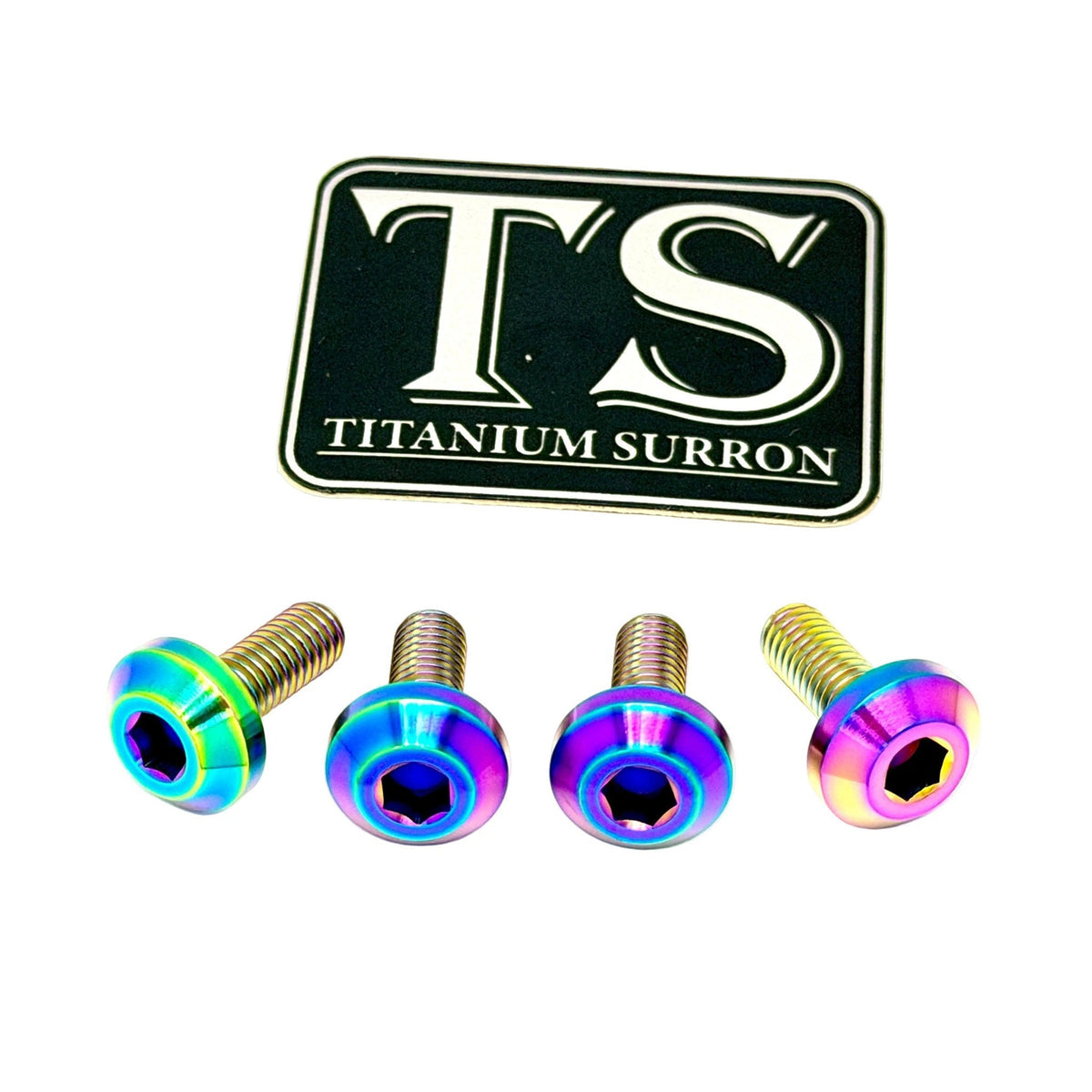 Four titanium surron screws with iridescent rainbow finishes and a black 'TS TITANIUM SURRON' logo plaque, shown on a white background.