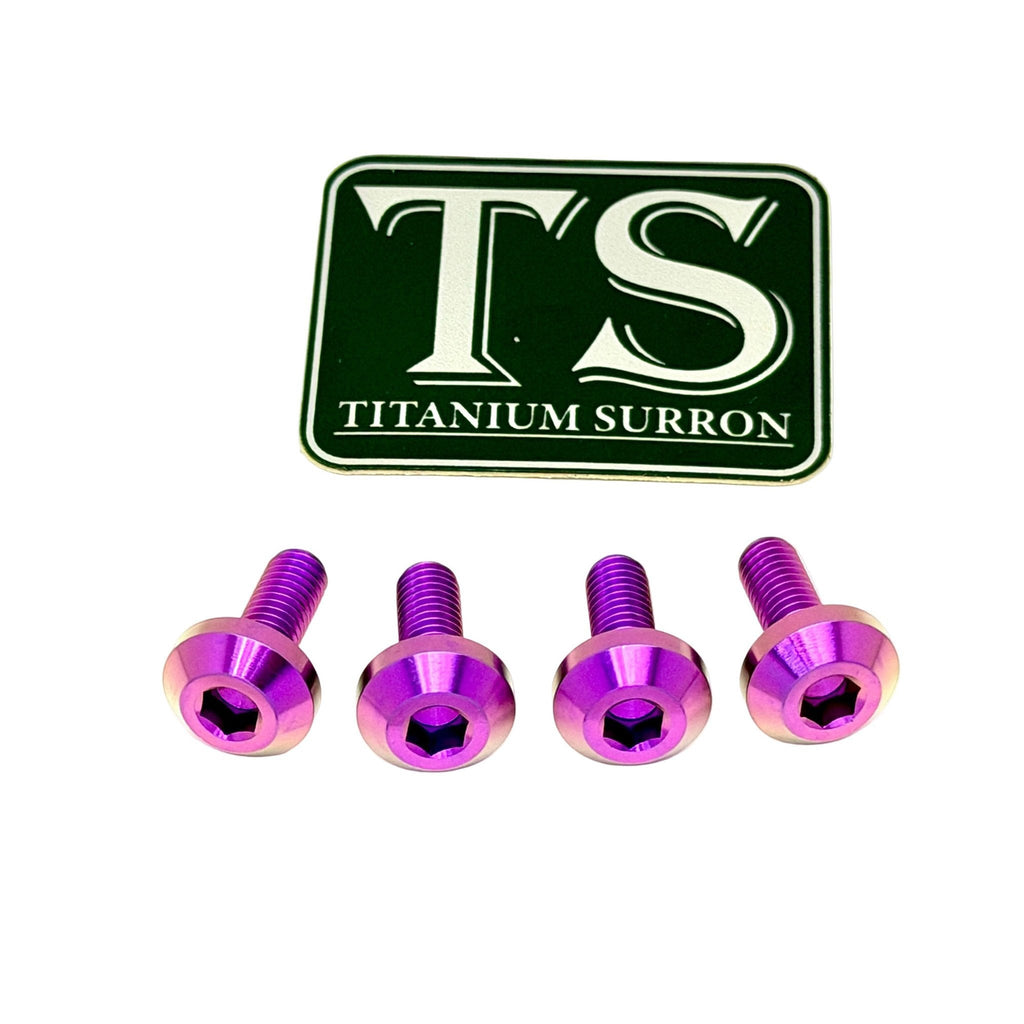 Four purple anodized titanium motorcycle or bicycle headset lock screws arranged in a row below a green and white 'TS TITANIUM SURRON' brand logo on a plain white background.