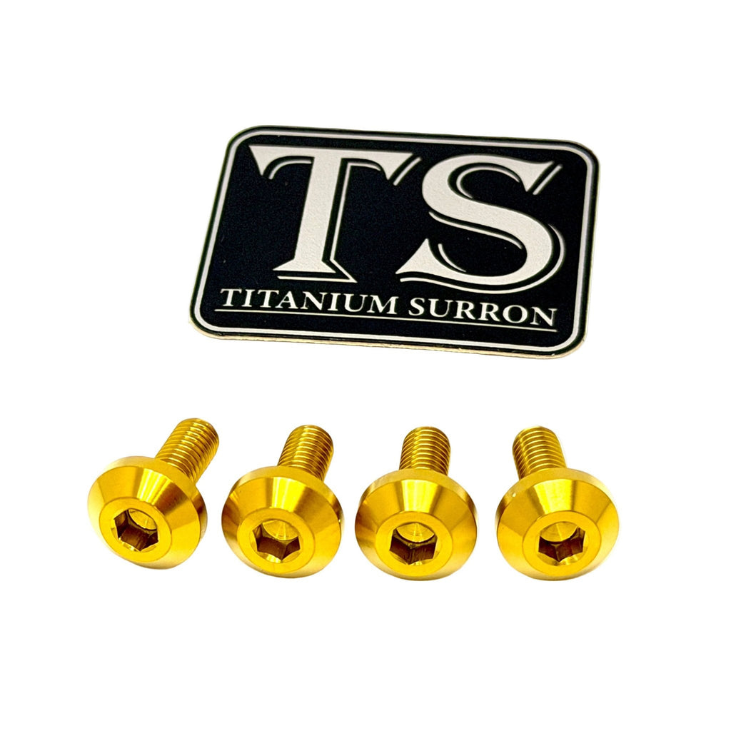 Four gold-colored titanium surron screws displayed horizontally below a black and silver 'TS TITANIUM SURRON' logo badge, set against a plain white background.