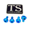 Four metallic blue titanium surron screws displayed below a black and silver 'TS TITANIUM SURRON' logo badge on a plain white background.